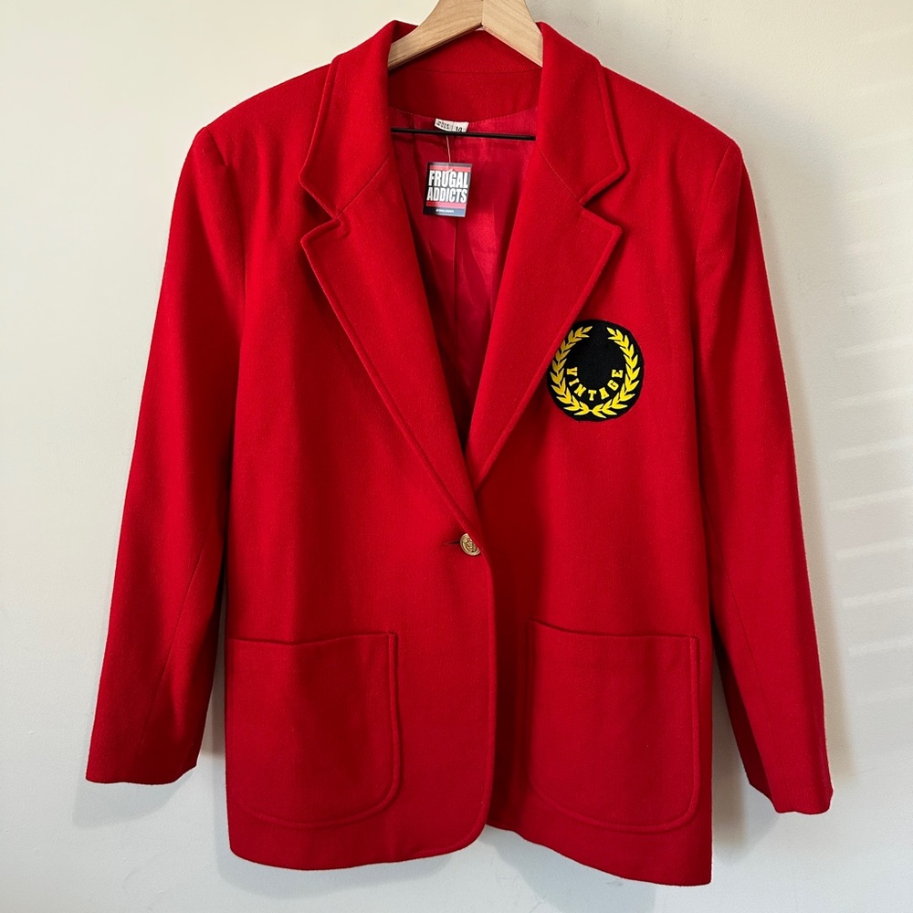 Reworked VINTAGE Red Pure Wool Blazer With Yellow Crest Patch & Square Pockets